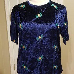 Women's Soft Rich Dark Blue Velvet Embroidered Shirt Top, L